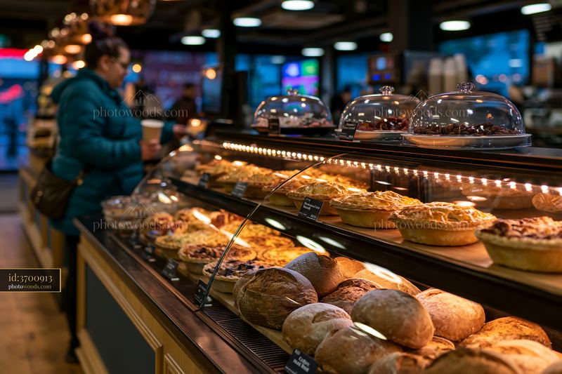Seasonal bakery display with bread and pies in a café