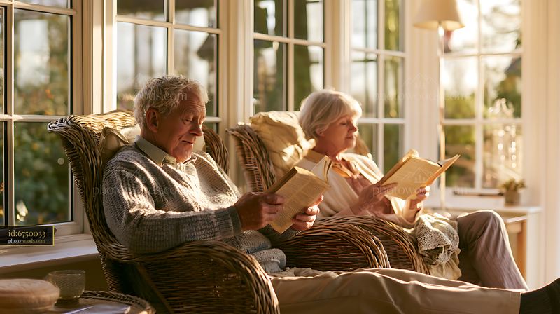 Senior Couple Reading Together in a Sunlit Conservatory