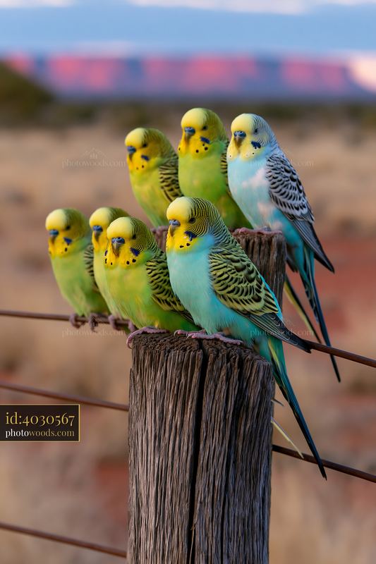 Seven colorful budgerigars perch on a weathered wooden post against a softly blurred desert landscape.