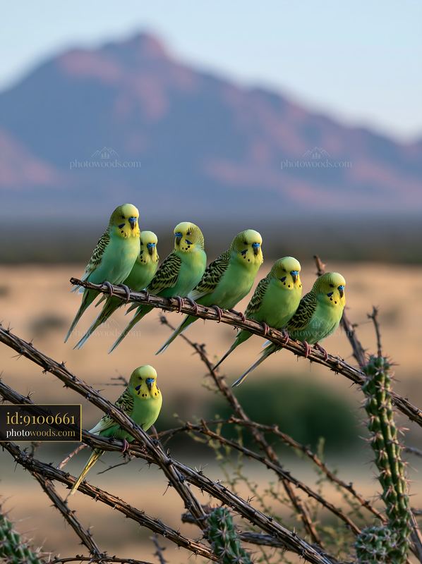 Budgerigar flock perched on thorny branches in desert landscape