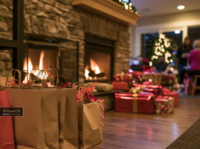 Holiday shopping bags beside fireplace with Christmas decorations
