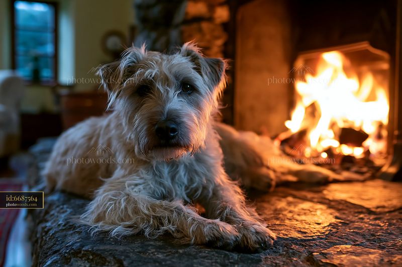 Shaggy dog rests on a stone hearth beside a glowing fireplace in a warmly lit room.