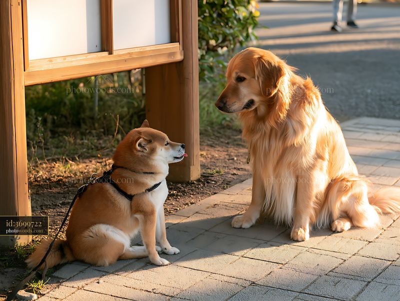 Shiba Inu meeting a Golden Retriever near a park entrance