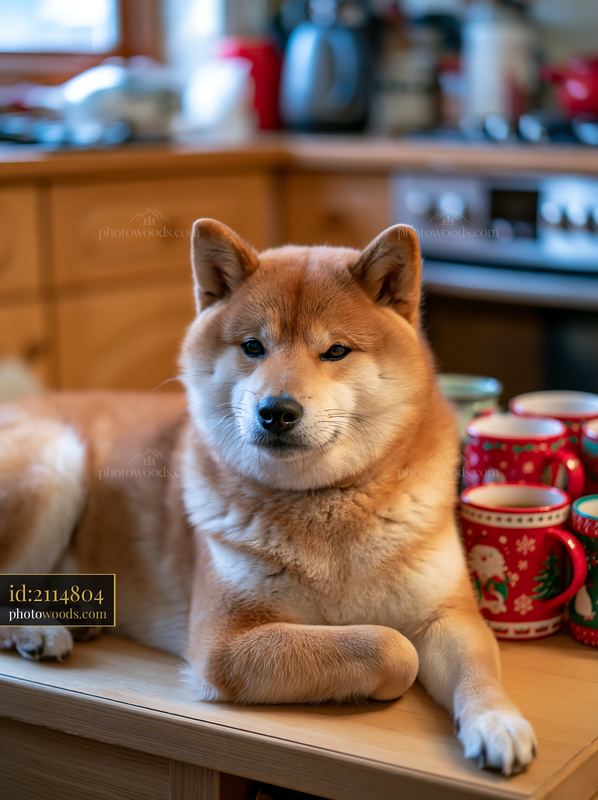 Shiba Inu Resting Beside Holiday Mugs in a Kitchen