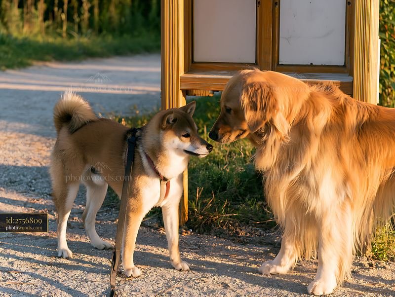 Shiba Inu meeting a Golden Retriever at a park entrance