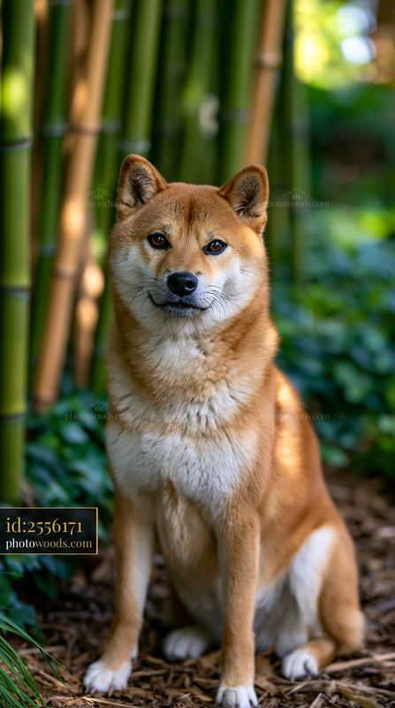 Shiba Inu sitting among bamboo in a Japanese garden