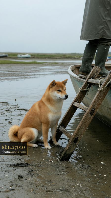 Shiba Inu beside a boat ladder on a muddy tidal shore