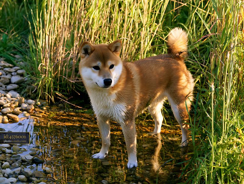 Shiba Inu standing in water among tall grasses during golden hour
