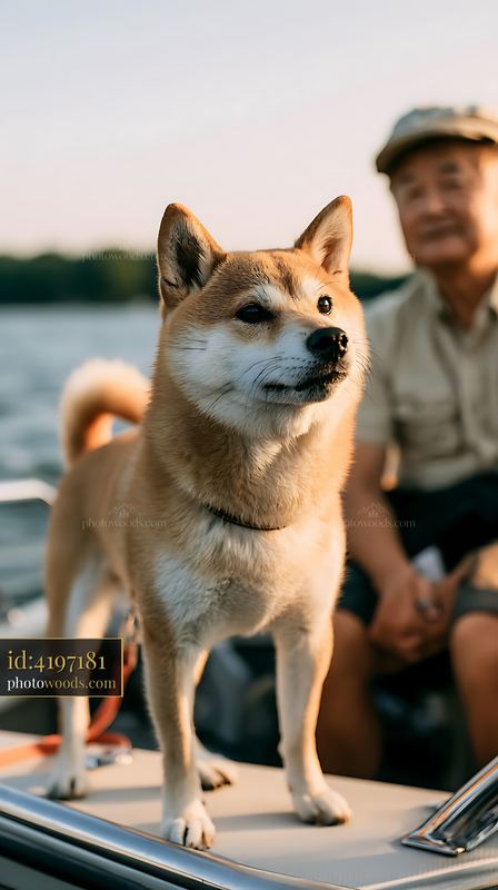 Shiba Inu standing on the bow of a boat at sunrise