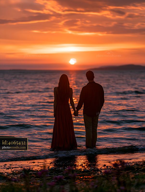 Silhouetted Figures Holding Hands at Sunset by the Shore