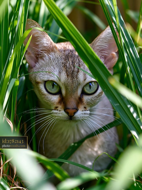 Singapura cat portrait among green leaves