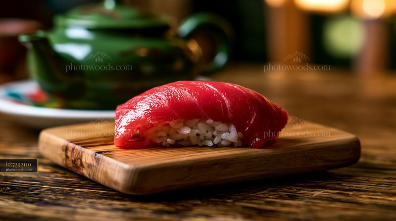 Single tuna nigiri served on a wooden board with a teapot