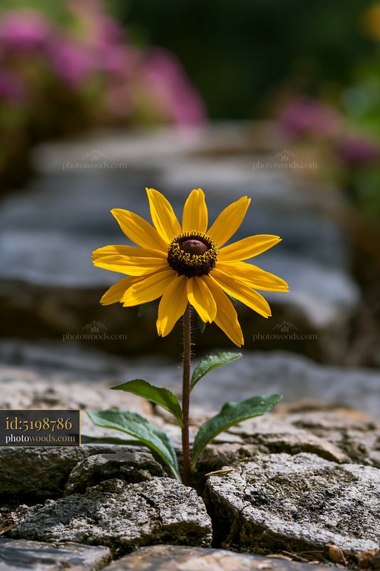 Rudbeckia flower growing among rocks in sunlight