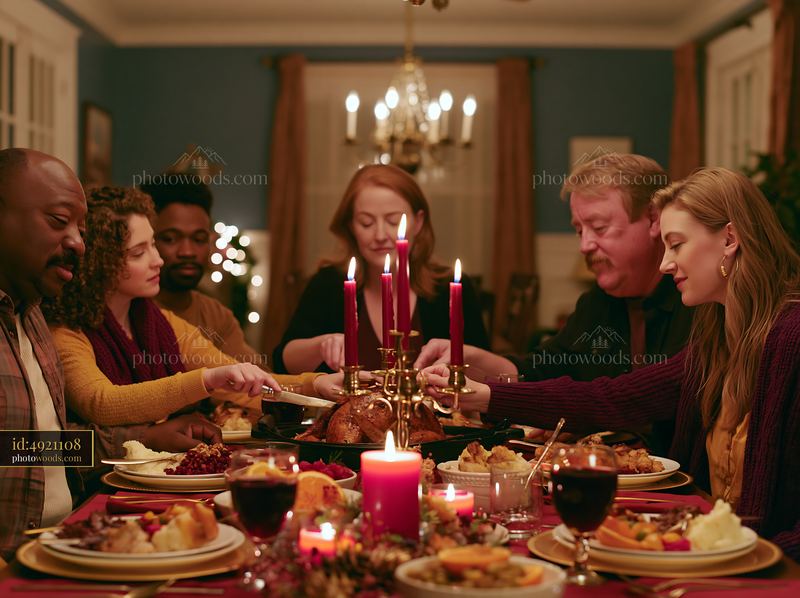 Family holiday dinner with roast turkey and candlelit table