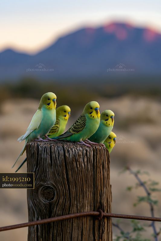 Six colorful budgerigars perch on a weathered wooden post against a sandy desert landscape and distant mountain.