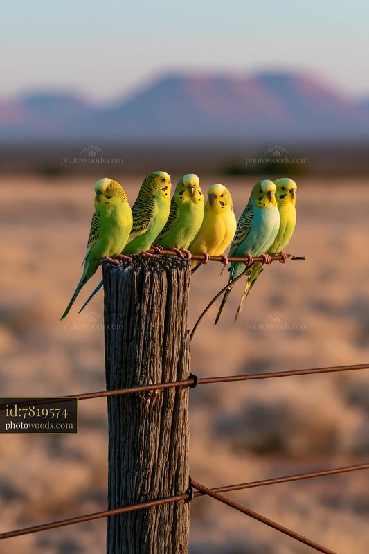 Six budgerigars perched on a fence in a desert landscape