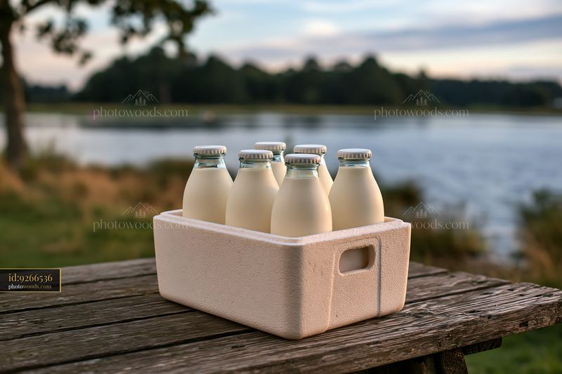 Milk bottles in an insulated delivery box by the water