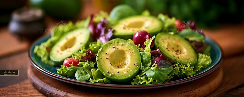 Sliced Avocado With Greens on a Wooden Plate