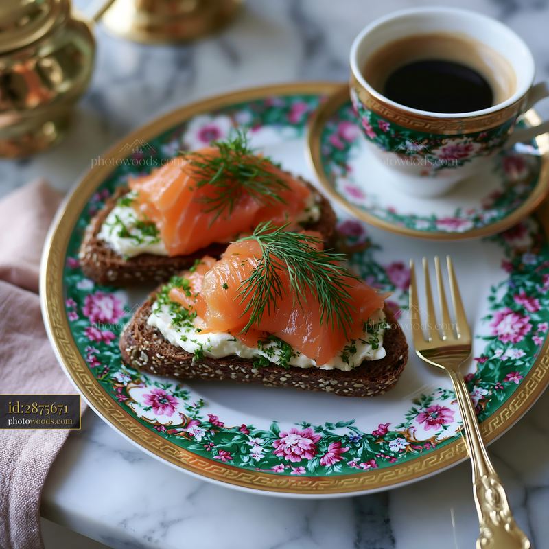 Breakfast with smoked salmon, cream cheese, and coffee