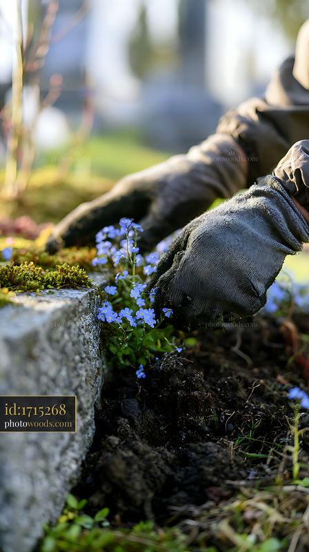 Blue flowers growing beside a weathered grave monument