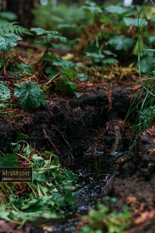 Woodland stream flowing beside exposed roots and wet forest plants