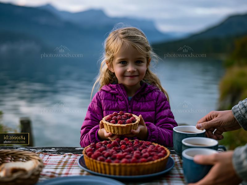 Child holding berry tart at a picnic beside an alpine lake