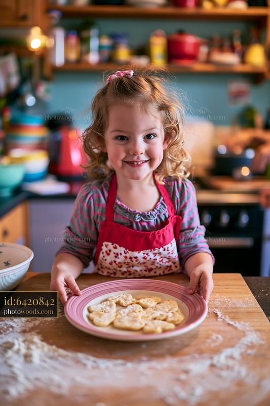Child Holding a Plate of Heart Shaped Cookies in a Kitchen