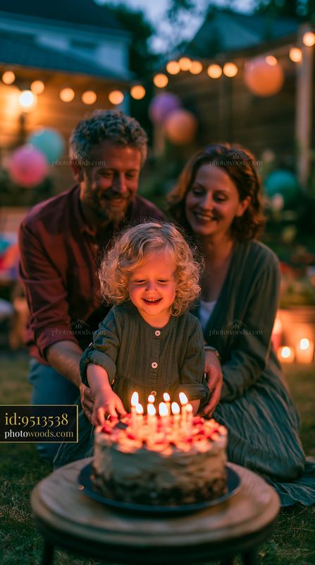 Child Celebrating a Birthday with Parents in a Garden