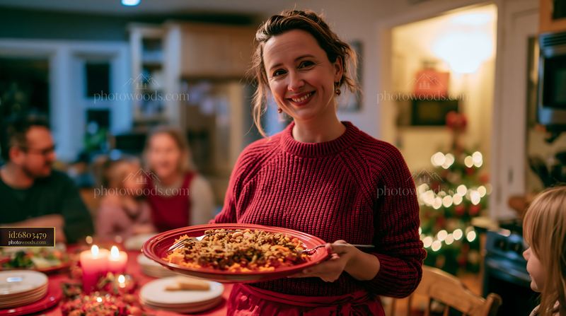 Parent serving a festive dinner at a family Christmas table