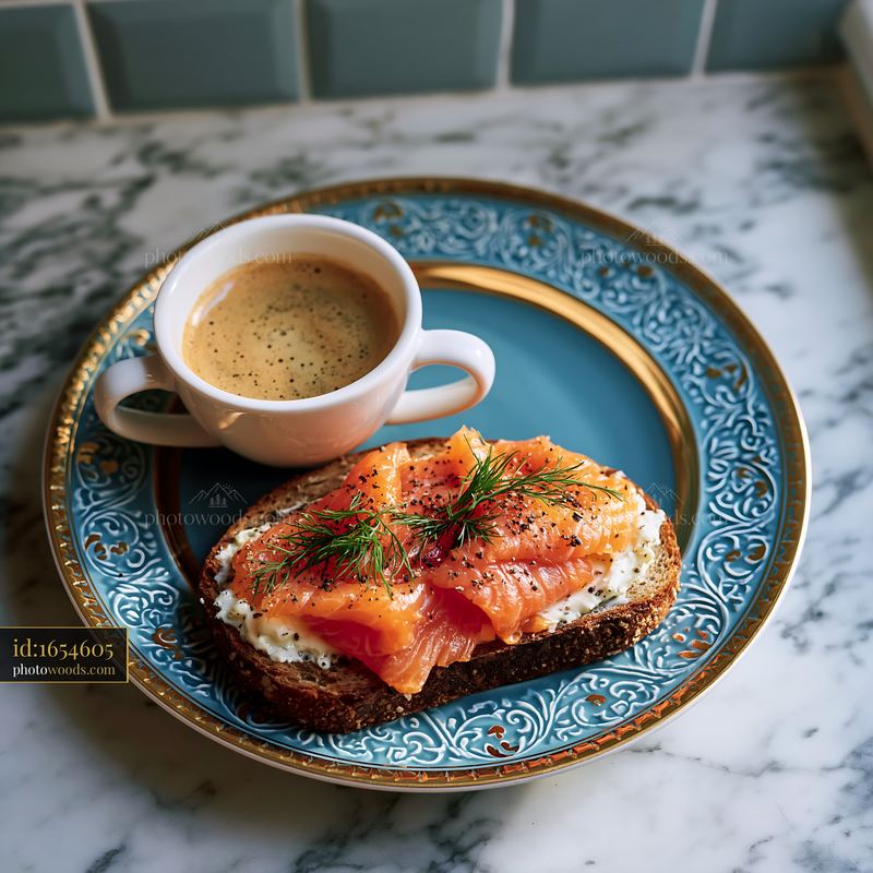 Smoked salmon on bread with espresso served on decorative plate