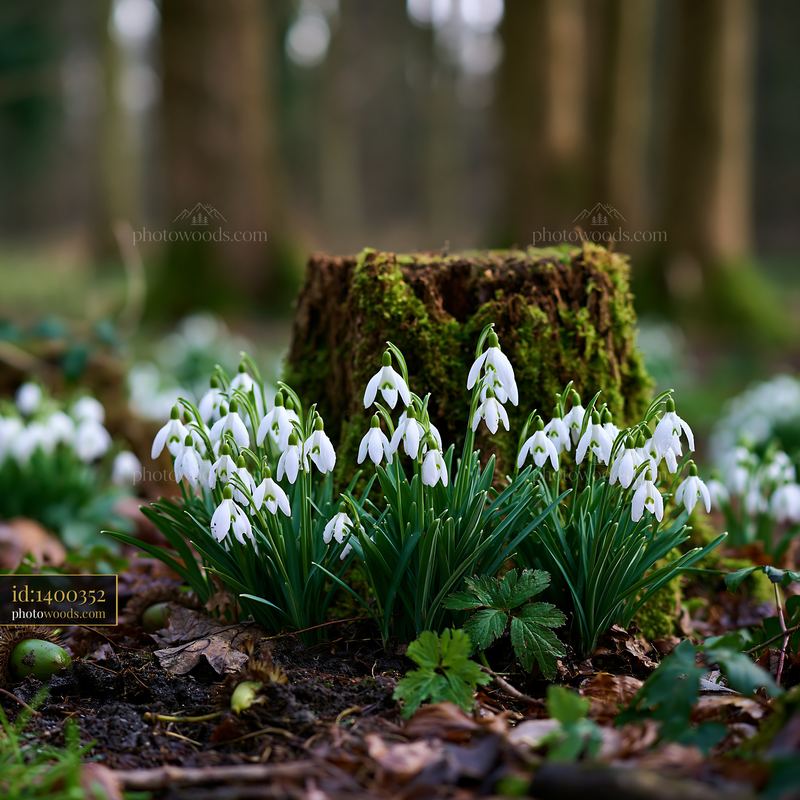 Snowdrop flowers bloom near tree stump in forest setting