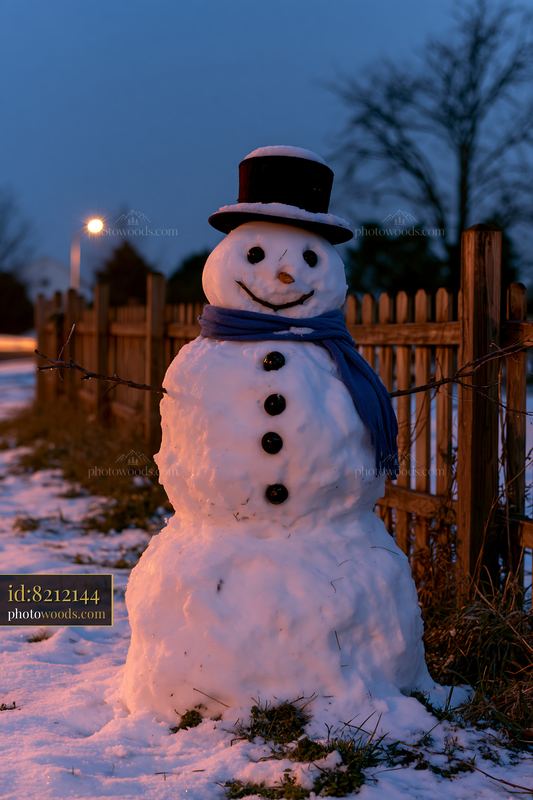 Snowman beside a wooden fence at winter dusk