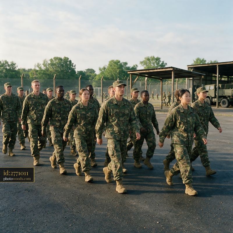 Soldiers in uniform marching together on an open field