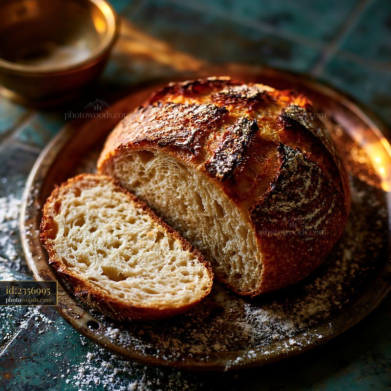 Sourdough Loaf Cut Open on a Rustic Plate With Flour