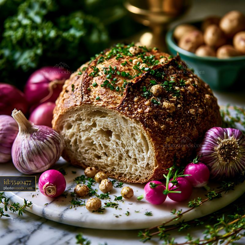 Sourdough Loaf Surrounded by Fresh Vegetables and Herbs