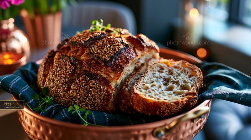Sourdough Loaf With Sesame Seeds Cut in Half on a Table
