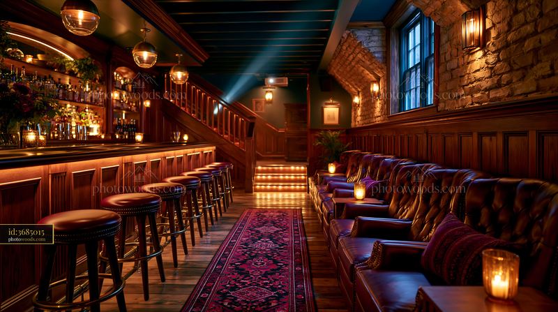 Speakeasy Style Hidden Basement Cinema With a Bar and Lounge Area