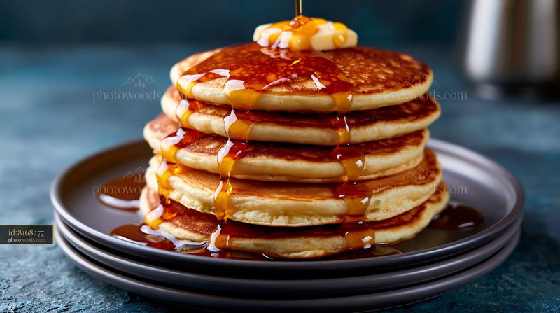 Stack of Fluffy Pancakes With Maple Syrup on a Gray Plate