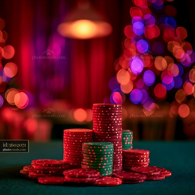 Colorful casino chips stacked on a table with blurred lights