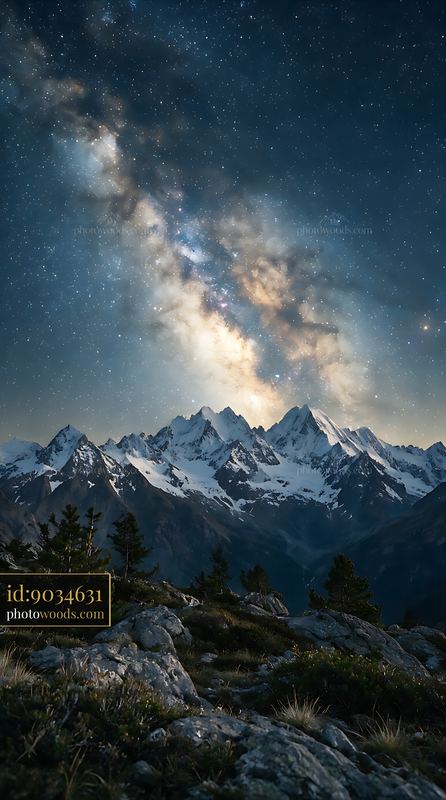 Starry night over Swiss mountains with peak views