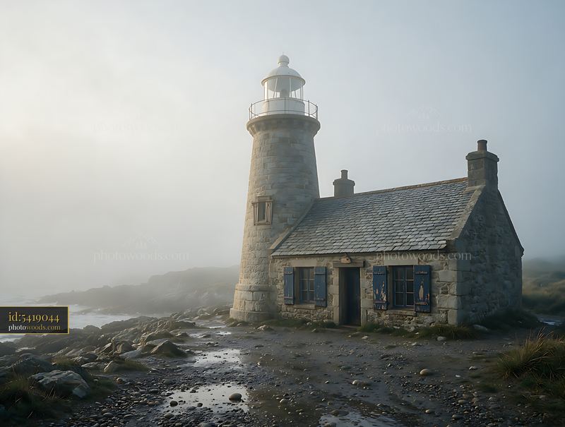 Lighthouse and stone keeper's house in heavy ocean fog