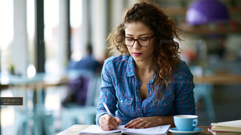 Student Tracking Expenses in Notebook at Cafe