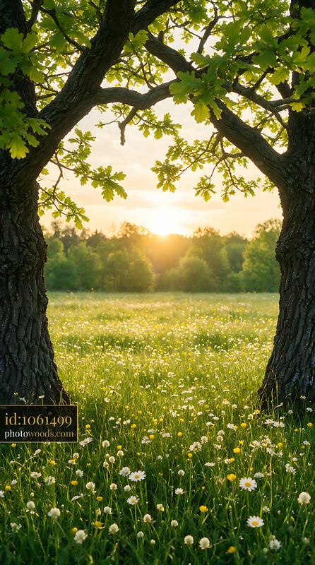 Sunlight filters through the branches of an oak tree, illuminating a meadow beneath an oak tree filled with wildflowers.