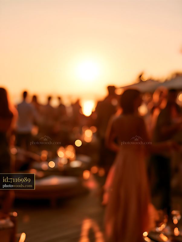 Sunset at a Dayclub Terrace With People Enjoying Outdoor Seating