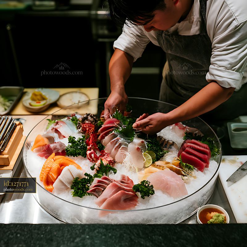 Sushi chef arranging sashimi on an ice platter