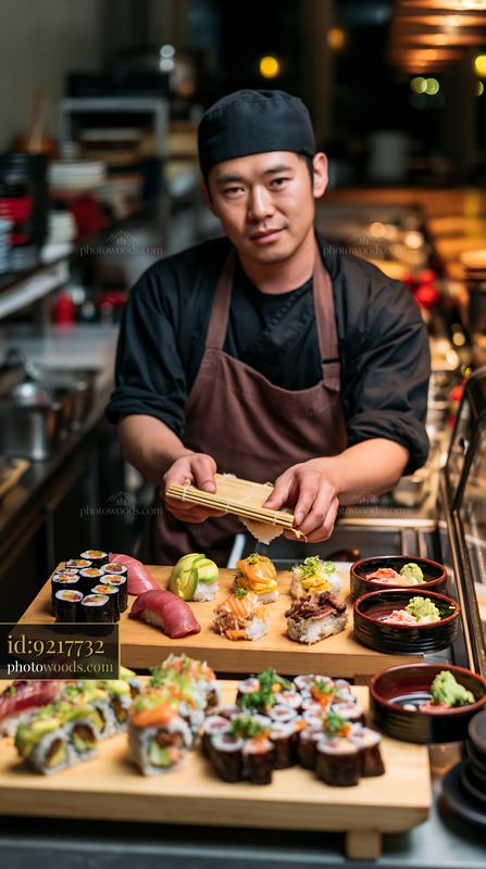 Sushi chef presenting sushi on wooden serving boards