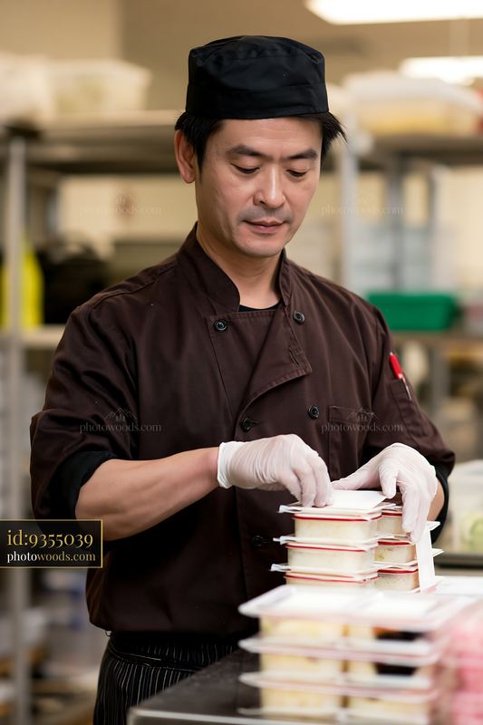 Sushi chef labeling containers in a commercial kitchen