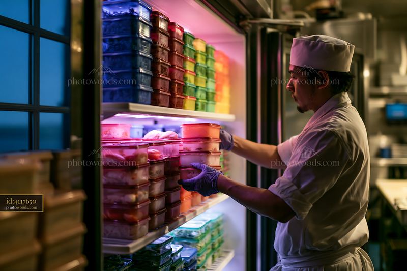 Chef organizing ingredients in a commercial refrigerator
