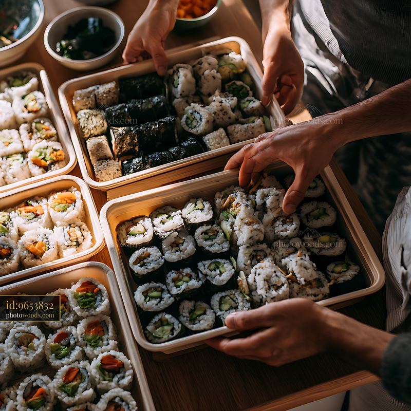 Sushi chef preparing sushi platters for catering event