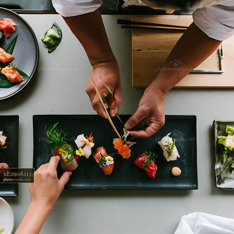 Chef garnishing sushi plates with edible flowers and herbs